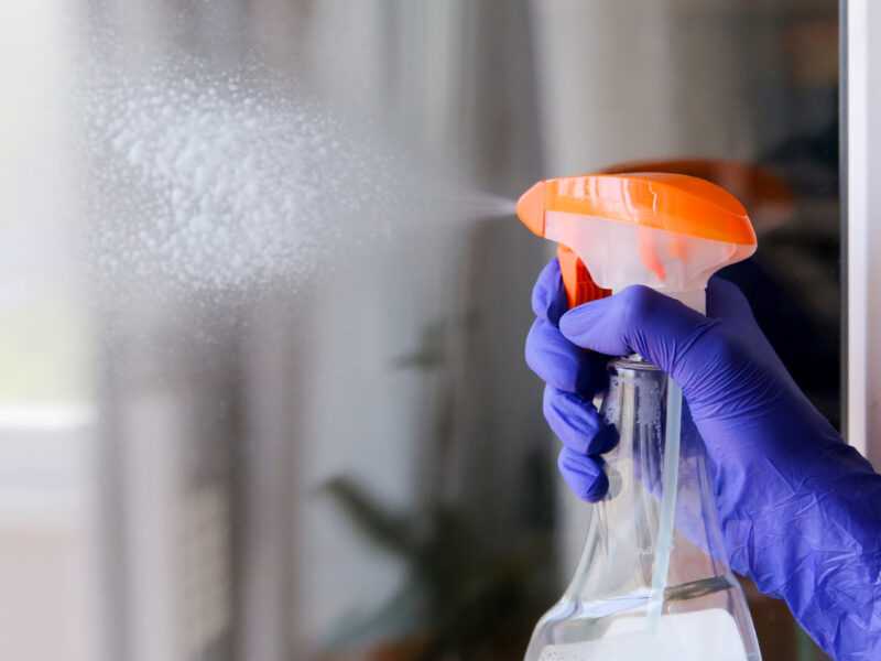 Woman,Cleaning,A,Window,With,Cleaning,Sprayer.